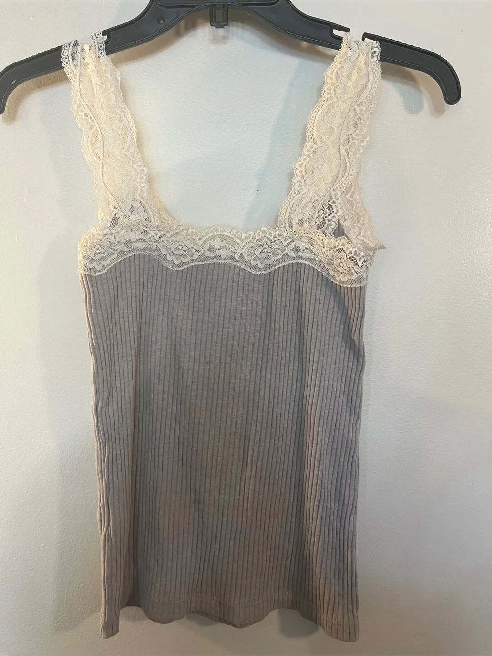 J. Crew Gray Ribbed Lace-Trim Camisole with Cream Lace